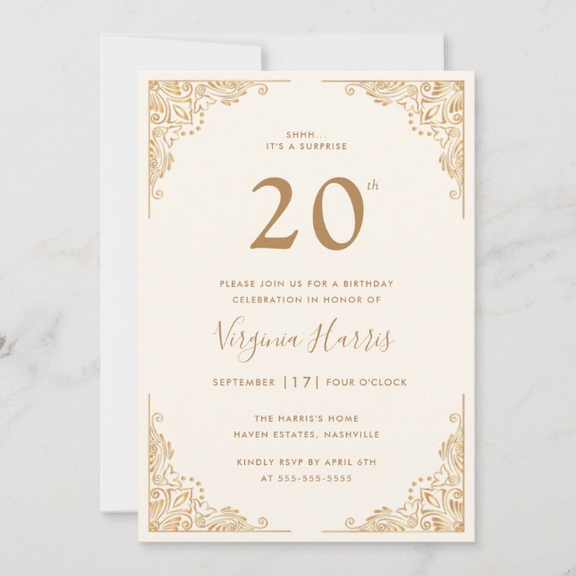 Gold Ornate Border Cream Twenty 20th Birthday Invitation (Front)