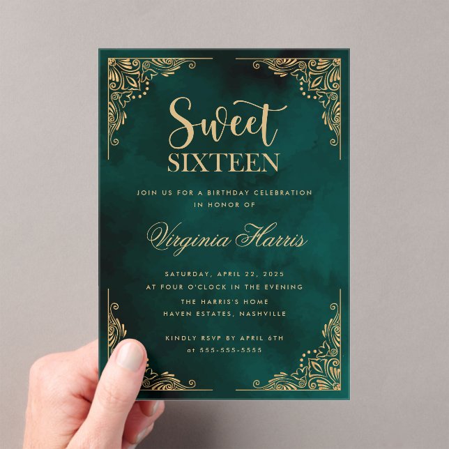 Gold Ornate Border Green Sweet Sixteen 16 Birthday Acrylic Invitations (Insitu (Handheld))