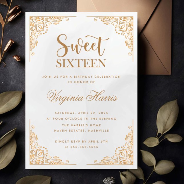 Gold Ornate Border Sweet Sixteen 16 Birthday Invitation (Creator Uploaded)