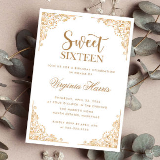 Gold Ornate Border White Sweet Sixteen 16 Birthday Invitation
