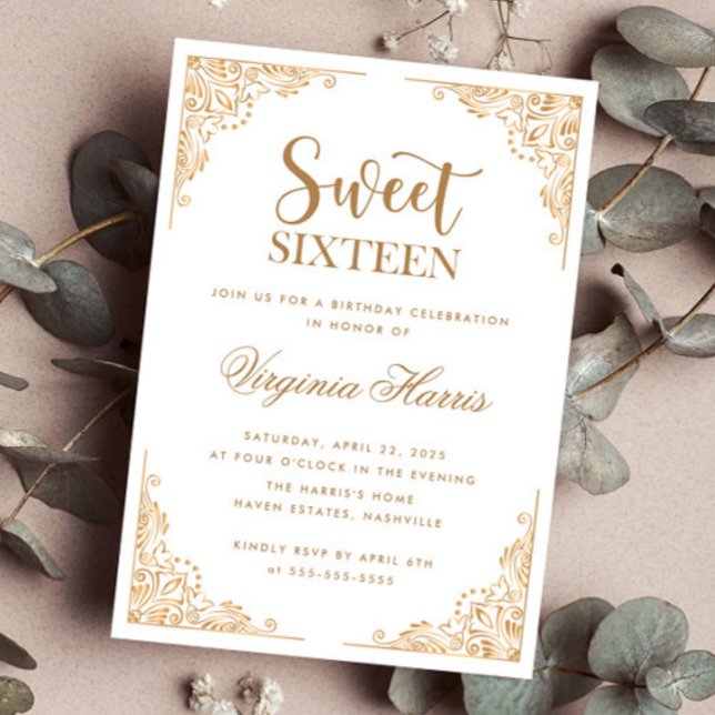Gold Ornate Border White Sweet Sixteen 16 Birthday Invitation (Creator Uploaded)
