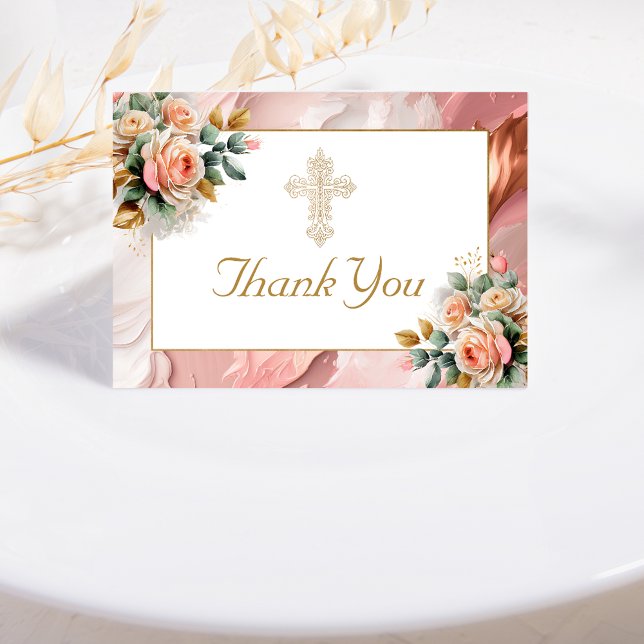 Gold Ornate Cross Peach Pink Floral Girl Baptism Thank You Card (Creator Uploaded)