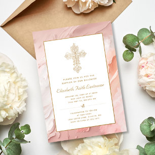Gold Ornate Cross Peach Pink Girl Baptism Invitation