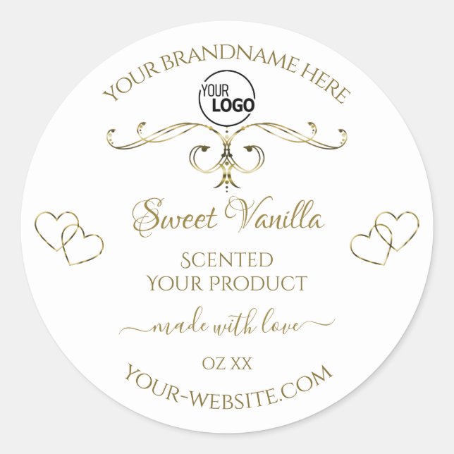 Gold Ornate Cute Hearts White Product Labels Logo (Front)