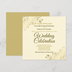 Gold Ornate Filigree Elegant Cream Square Wedding Invitation
