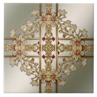 Gold Ornate Floral Ceramic Tile