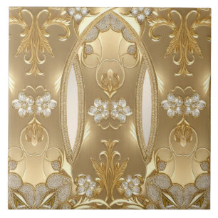Gold Ornate Floral Ceramic Tile