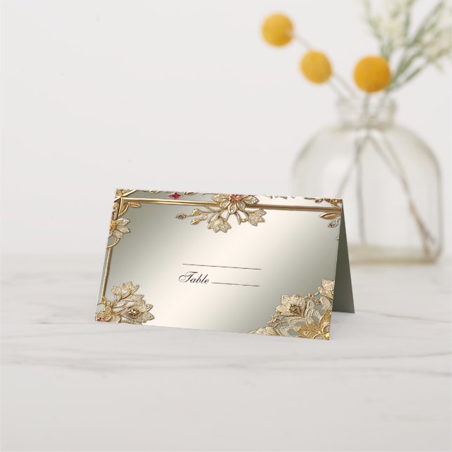 Gold Ornate Floral Frame Place Card (Front)