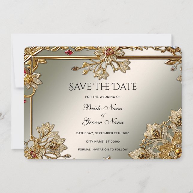 Gold Ornate Floral Frame Save The Date Card (Front)