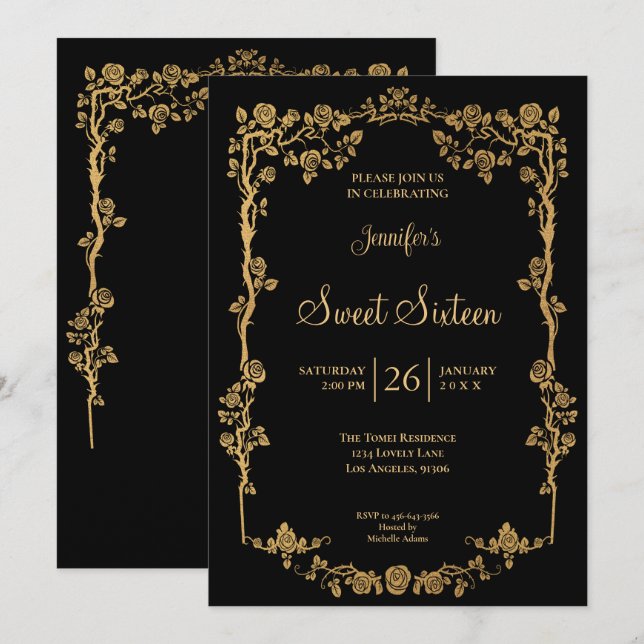 Gold Ornate Floral Frame Sweet 16 Invitation (Front/Back)