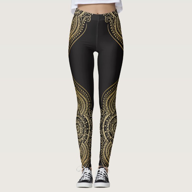 Gold Ornate Floral Mandala Design Leggings (Front)