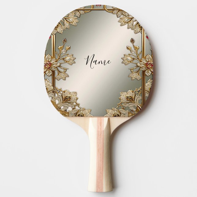 Gold Ornate Floral Ping Pong Paddle (Front)