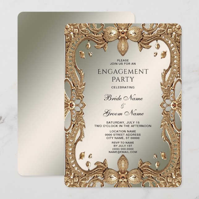 Gold Ornate Frame Engagement Invitation (Front/Back)