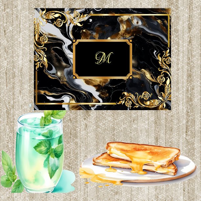 Gold Ornate Frame Marble Dark Blue Ink Monogram  Cutting Board (Gold Ornate Frame Marble Dark Blue Ink Monogram Cutting Board)