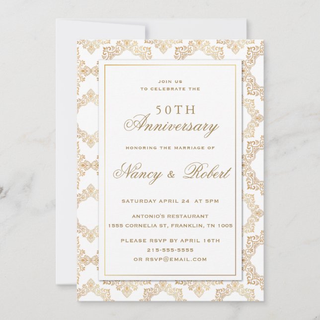 Gold Ornate Frame White 50th Wedding Anniversary Invitation (Front)