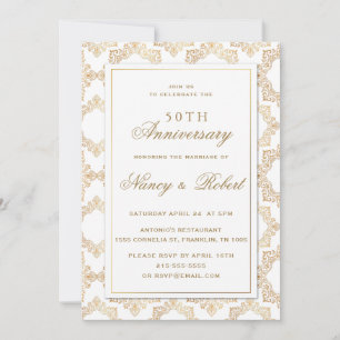 Gold Ornate Frame White 50th Wedding Anniversary Invitation