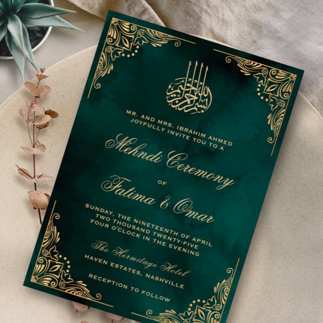 Gold Ornate Green Islamic Henna Mehndi Ceremony Invitation (Creator Uploaded)