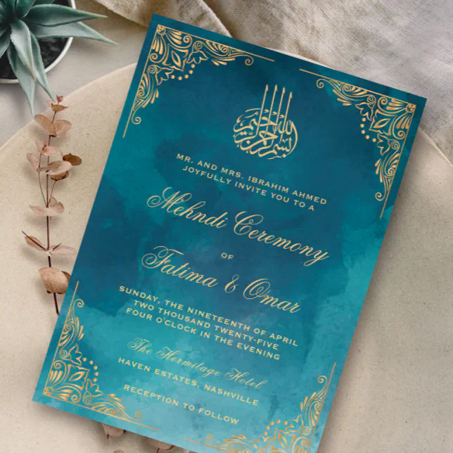 Gold Ornate Green Islamic Muslim Mehndi Ceremony Invitation | Zazzle