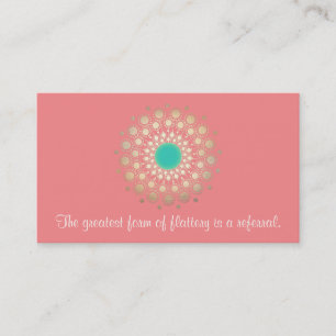 Gold Ornate Leaf Mandala Pink Coral Referral Card
