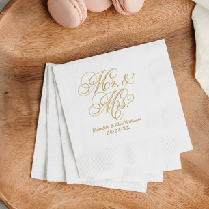 Gold Ornate Mr and Mrs Calligraphy Wedding Foil Napkins