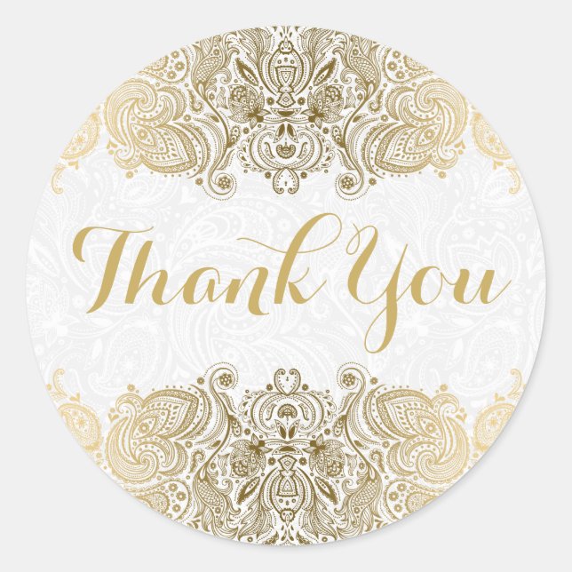 Gold Ornate Paisley White Background Classic Round Sticker (Front)