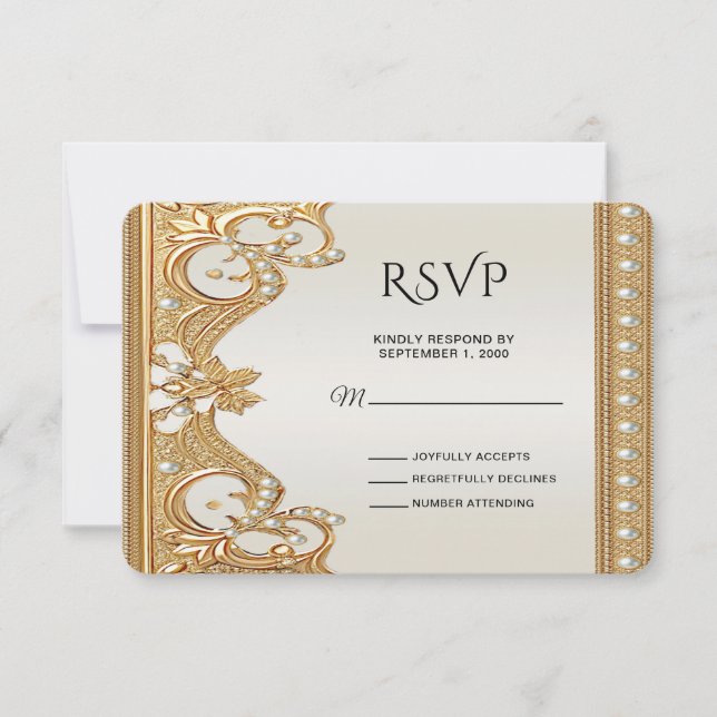 Gold Ornate Pearls White RSVP Card (Front)