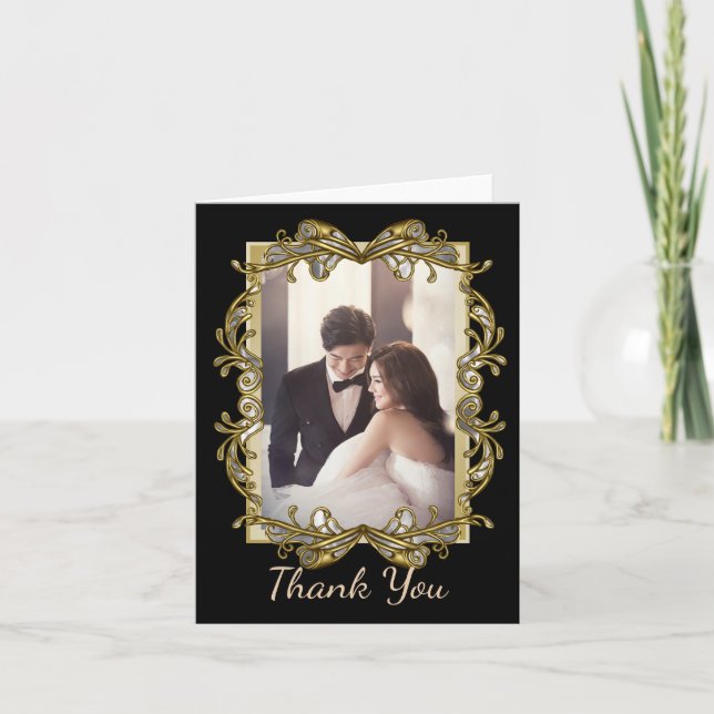 Gold Ornate Photo Wedding Thank You Card (Front)