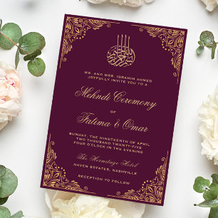 Gold Ornate Plum Islamic Muslim Mehndi Ceremony Invitation