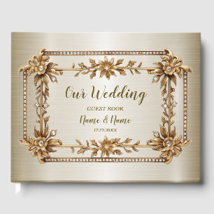 Gold Ornate Rectangle Dimond Flowers Shiny Elegant Guest Book