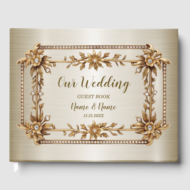 Gold Ornate Rectangle Dimond Flowers Shiny Elegant Guest Book (Front)
