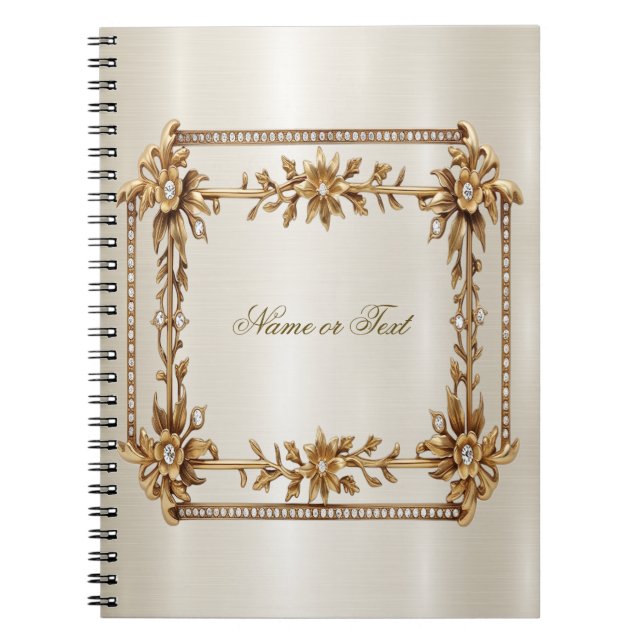 Gold Ornate Rectangle Dimond Flowers Shiny Elegant Notebook (Front)
