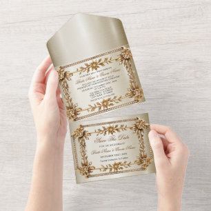 Gold Ornate Rectangle Dimond Flowers Shiny Wedding All In One Invitation