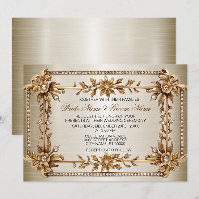Gold Ornate Rectangle Dimond Flowers Shiny Wedding Invitation (Front/Back)