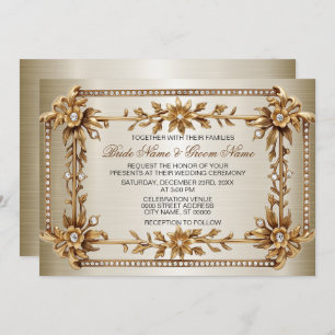 Gold Ornate Rectangle Dimond Flowers Shiny Wedding Invitation