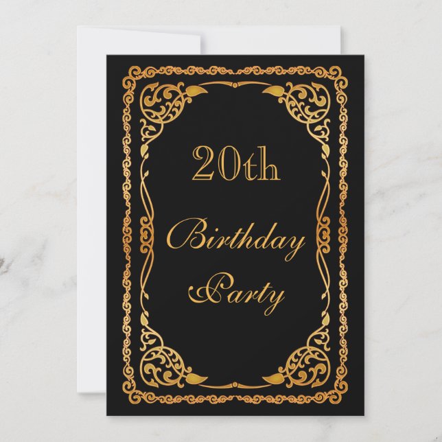 Gold Ornate Swirls 20th Birthday Invitation (Front)