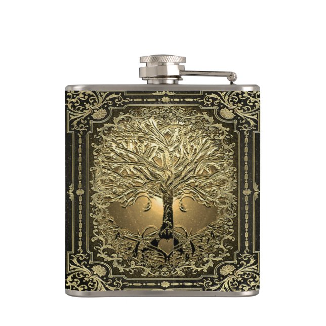 Gold  Ornate Tree of Life Ancient Rustic Flask (Back)