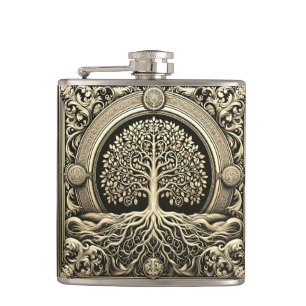 Gold Ornate Tree of Life Ancient Rustic Hip Flask