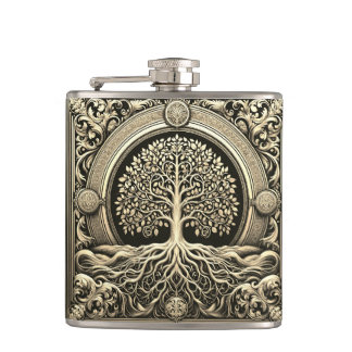 Gold Ornate Tree of Life Ancient Rustic Hip Flask