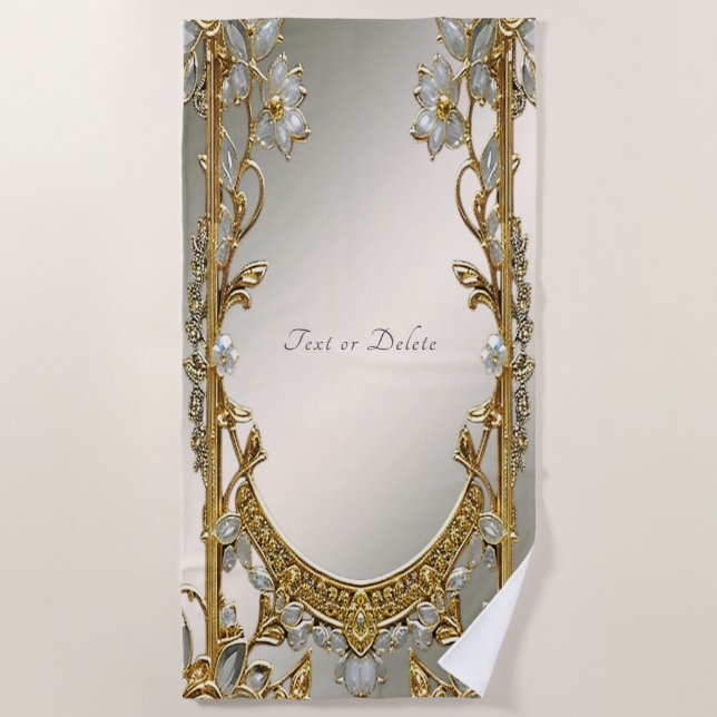 Gold Ornate White Floral Beach Towel (Front)