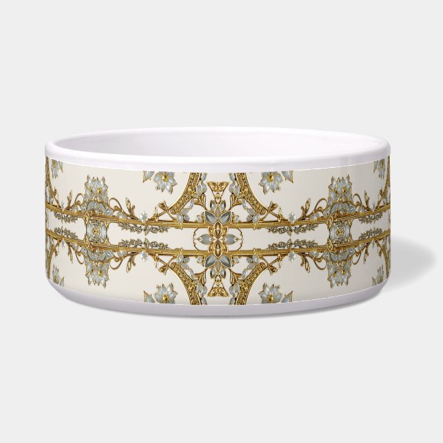 Gold Ornate White Floral Ceramic Pet Bowl (Front)