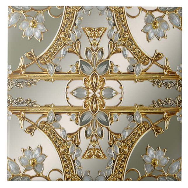 Gold Ornate White Floral Ceramic Tile (Front)