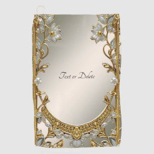 Gold Ornate White Floral Golf Towel