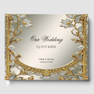 Gold Ornate White Floral Guest Book