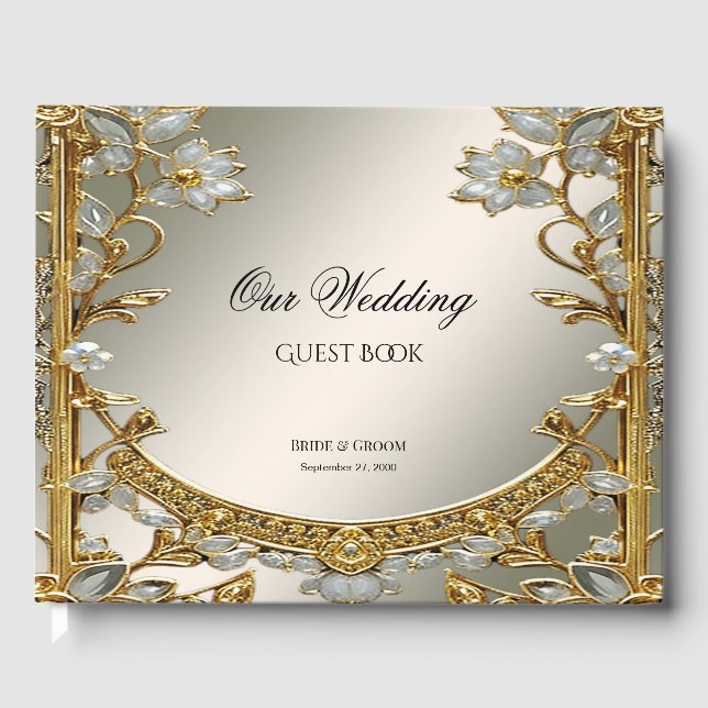 Gold Ornate White Floral Guest Book (Front)