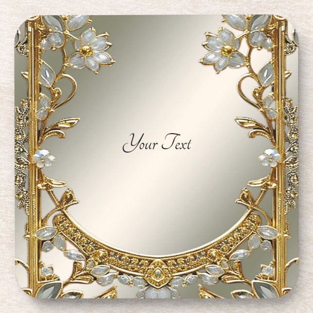 Gold Ornate White Floral Hard Plastic Coaster (Front)