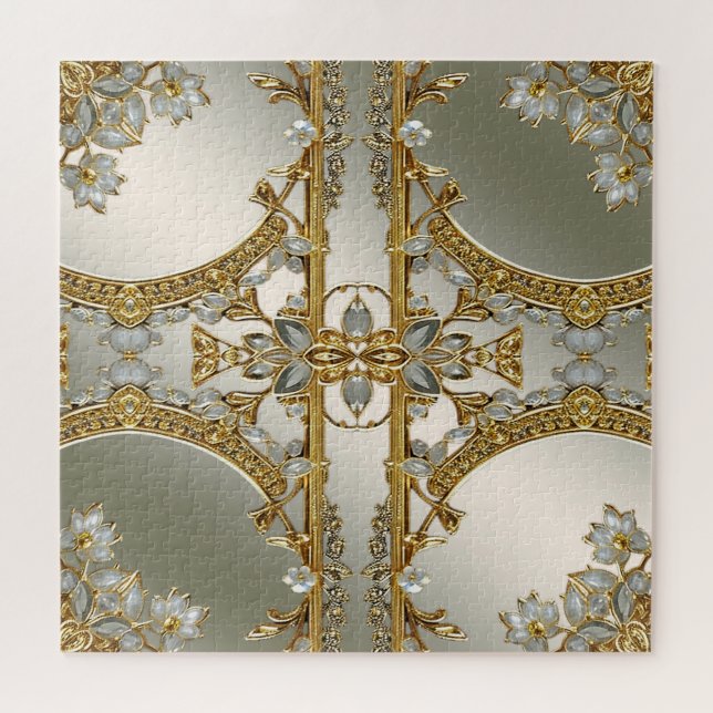 Gold Ornate White Floral Jigsaw Puzzle (Horizontal)