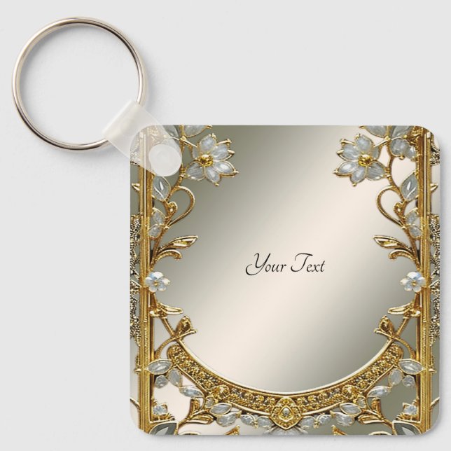 Gold Ornate White Floral Keychain (Front)