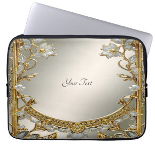 Gold Ornate White Floral Laptop Sleeve