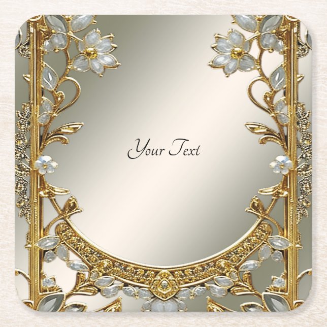 Gold Ornate White Floral Paper Coaster (Front)