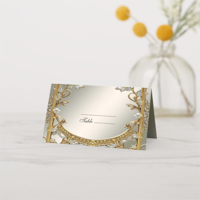Gold Ornate White Floral Place Card (Front)